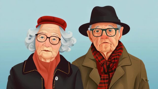 Two elderly individuals stand close together. They wear glasses and stylish winter attire. Their expressions show quiet dignity and warmth. Soft lighting highlights their gentle features