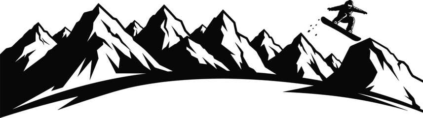 Snowboarder airborne over jagged mountain peaks in black and white jumping © Fazlul