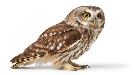 Brown owl with white spots on a plain background
