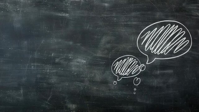 Blackboard with chalk-drawn thought bubble. Wavy lines inside the bubble. Three small dots trail below. Simple, hand-drawn concept. Ideal for brainstorming or ideas. Clean background, no clutter