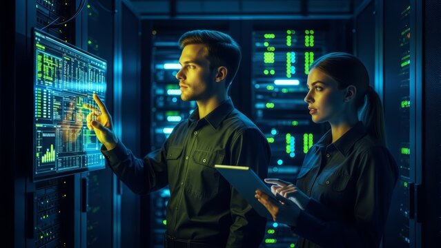 IT professionals collaborate on advanced data management in a secure server room, utilizing holographic interfaces and digital tablets for system optimization and network security