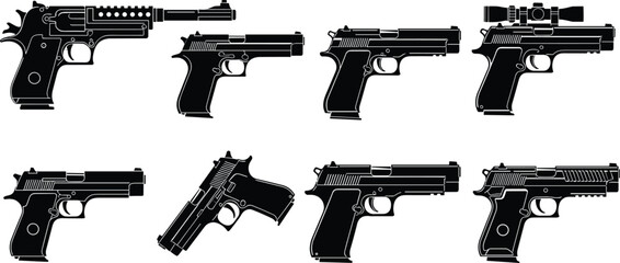 Handgun pistol weapon vector icons set with various firearm models, semi automatic gun silhouette, tactical security equipment, shooting range gear, self defense protection, armory © MDMUNTASSER