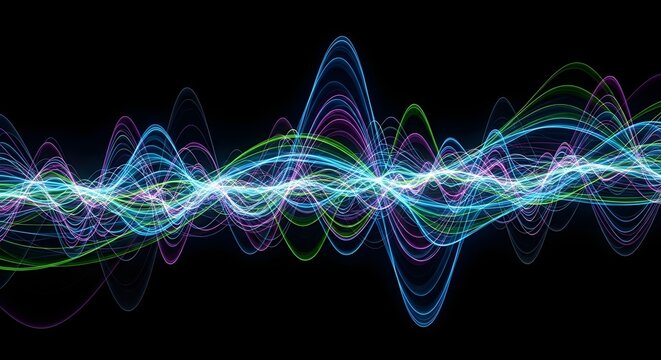 Vibrant multicolored sound wave pattern on black background abstract visualization of audio signal