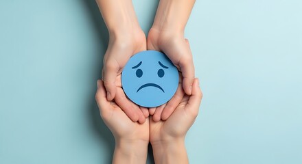 Naklejka premium hands holding a blue frowning face emoticon symbol
