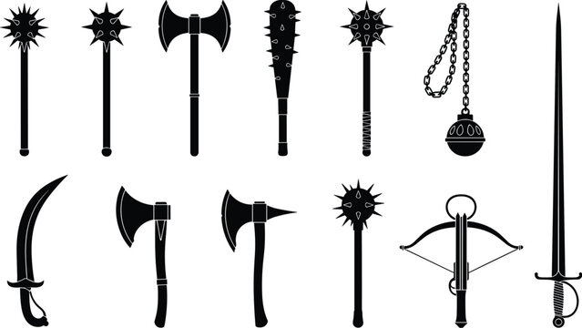 Set of medieval weapon silhouettes, ancient battle equipment icons, knight sword axe mace flail scimitar crossbow club, historical armory elements, fantasy warrior gear, gothic steel.