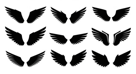 Obraz premium Collection of nine different black silhouette angel wings.