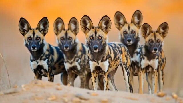 African wild dogs stand alert on sandy ground. Their eyes meet the camera with curious intensity. Spotting patterns glow against golden backlight. Steady, watchful, they form a tight, natural group