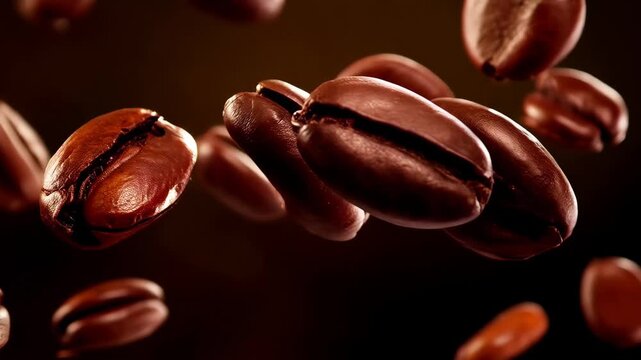 Coffee beans float in the air showing their rich color and shape in a creative display