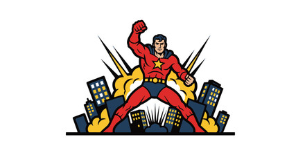 Fototapeta premium Dynamic Comic Book Superhero Fist pumping Triumphantly Above a City Skyline with Explosive Bursts
