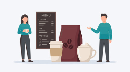 Cafe scene with a woman, man, menu board, coffee, tea, and pastries © StockStudio