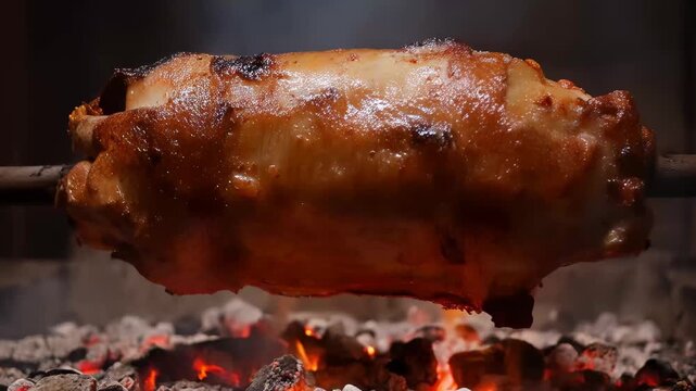 Roasting a whole pig on a spit over open flames at a local festival in Mexico during the summer, showcasing traditional cooking methods and cultural celebration