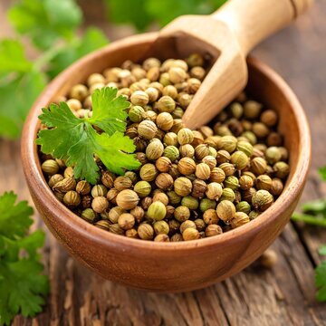 A wooden bowl filled with coriander seeds and herbs on a rustic table