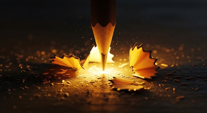 A sharpened pencil tip pressing down, surrounded by glowing golden wood shavings on a dark surface, symbolizing creativity and effort.