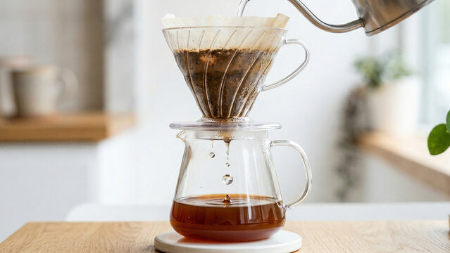 Minimalist manual pour over coffee brewing on a white kitchen counter with bright natural lighting