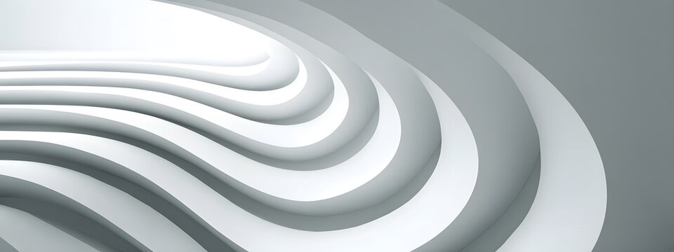 Minimalist monochrome background featuring a sequence of undulating white and gray curved layers creating an abstract and elegant ripple effect with subtle shadows
