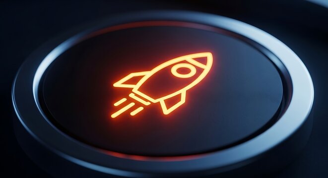 Neon orange glowing rocket ship icon on a button  startup and launch concept