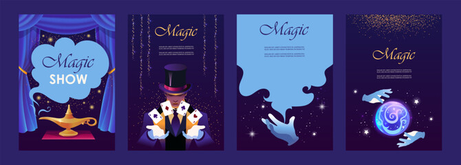 Magic show set. Collection of templates for flyers, posters, banners, brochures. Magic ball, curtain and illusionist. Vector illustration. © sweet kiwi