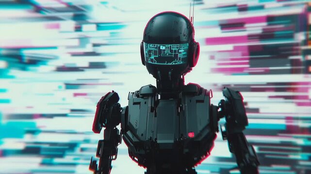 A futuristic robot stands in front of a distorted digital background in this video.