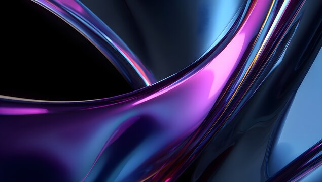 Abstract fluid metallic chrome curves with purple blue neon light reflections smooth polished surface flowing liquid undulation.