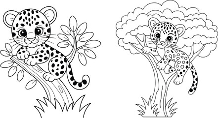 Cute leopard cubs perched in trees, playful jungle coloring-page illustration, black-and-white line art for kids' activity book printable editable commercial-use © Amelia's orld