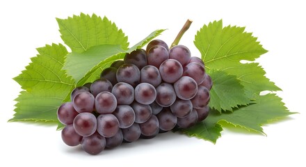 Fototapeta premium Fresh bunch of purple grapes with green leaves isolated on transparent background