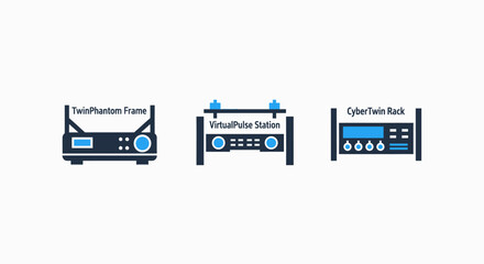 Icons of advanced electronic equipment: twin phantom frame, virtual pulse station, and cyber twin rack, used for technological innovation and data processing.