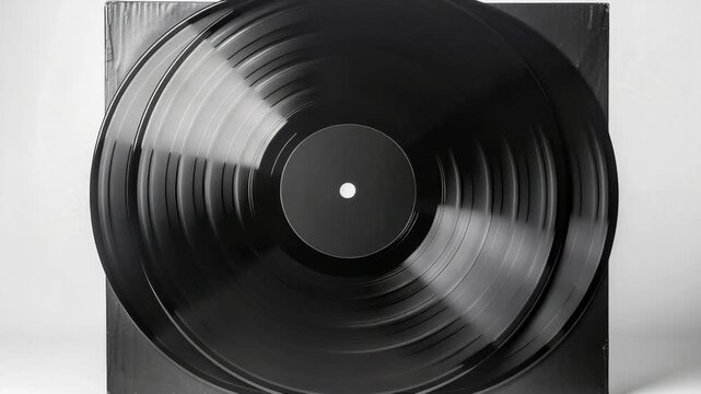 Black vinyl record spins slowly against a white background. Its grooves reflect soft, even lighting. Center label is plain, circular, and unmarked. Record rests in a dark, square case