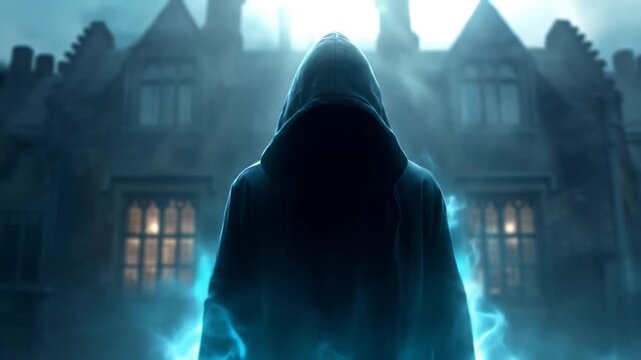 Mysterious figure in hood standing before a gothic building at night