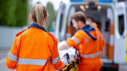 Fototapeta premium Paramedics ambulance team responding emergency, treating injured urgent medical response, emergency medical services, critical care transportation, with copy space
