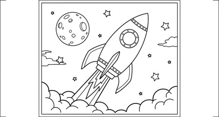 A rocket ship blasting off into the night sky with the moon and stars © MstSharibun