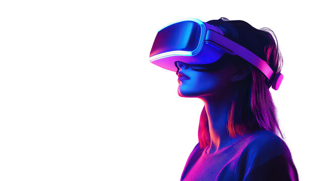 Woman wearing vr headset in neon light immersive technology experience