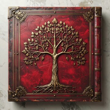 A square book with a textured red cover, ornate metal corners, and a gold tree sculpture in the center. The backdrop is a marble surface