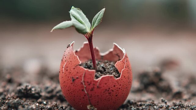 A small plant grows out of a cracked eggshell on the ground in a natural setting in this video.
