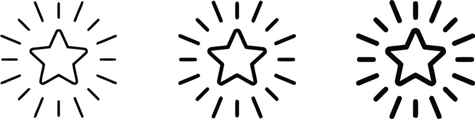 Obraz premium Three simple black outline icons depicting a shining or sparkling five-pointed star symbol in various sizes for rating systems or celebration graphics