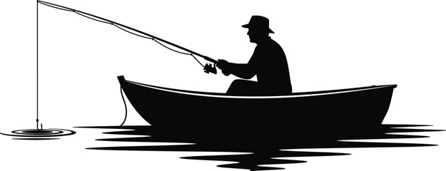 Vintage fishing logo vector with fisherman in boat silhouette and rope border for outdoor branding © Najmul