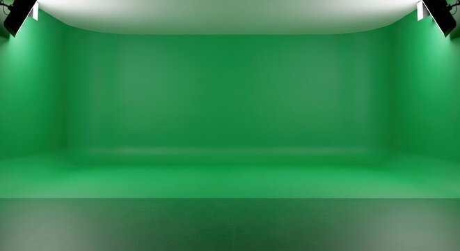 Green chroma key studio backdrop with professional lighting setup for photography and shoots.