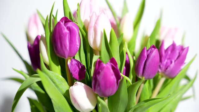 Fresh bouquet of pink and white tulips rotating slowly in studio light. Bright spring flowers with green leaves forming a natural floral arrangement.