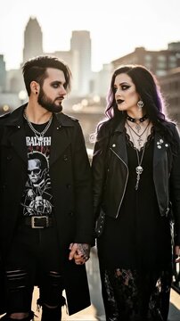 Gothic couple strolling urban cityscape at sunset with skyscrapers in background