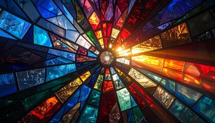 Radiant Stained Glass Sunburst Window with Colorful Geometric Mosaic and Dramatic Light Refraction