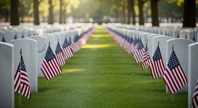 American military cemetery with flags on graves