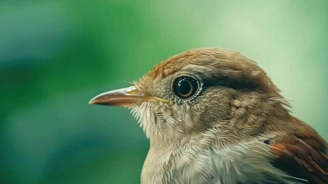 Soft-focus green background frames bird's eye. Brown feathered head, sharp gaze, gentle profile. Tiny beak, dark eye, soft light on feathers. Natural forest tones, calm, close-up stillness
