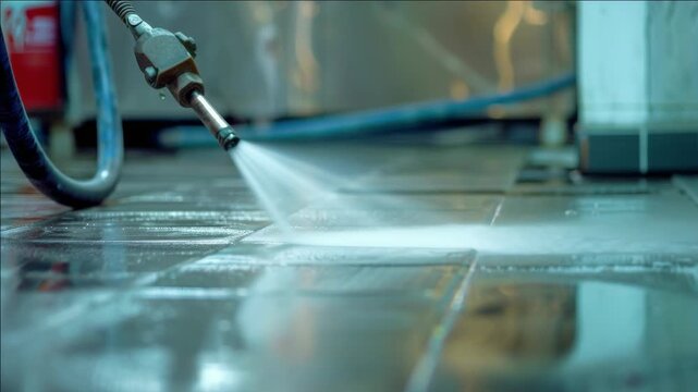 Water jets blast across wet tiled floor. Spray creates shimmering, reflective patterns. Pressure cleans grime from polished surface. Clean water flows over each tile evenly