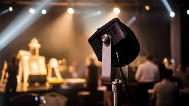 Focused medium shot of a floodlight unit attached to a lightweight frame casting strong beams on stage props background guests softly out of focus.