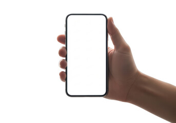 A hand holding a smartphone displaying a blank screen isolated on transparent background 'png,PNG,Png