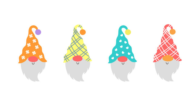 Funny garden gnome faces set, whimsical forest elf characters for stickers and scrapbooking.