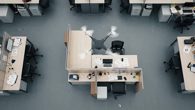 A drone flies over an empty modern office space with cubicles and computers
