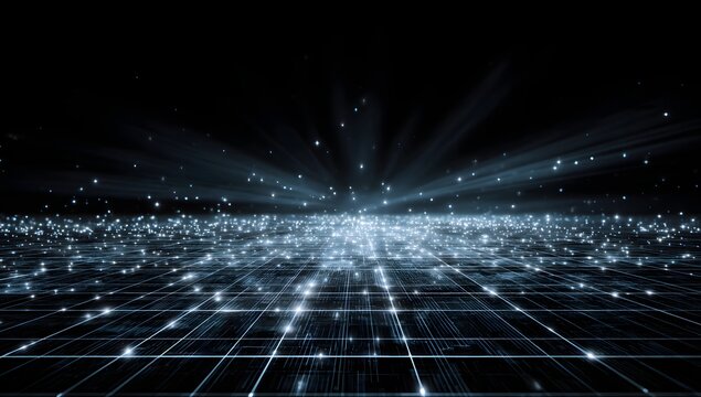 Abstract dark background with a grid pattern and numerous small, glowing blue lights spreading across the surface, creating a sparkling and data-driven visual effect