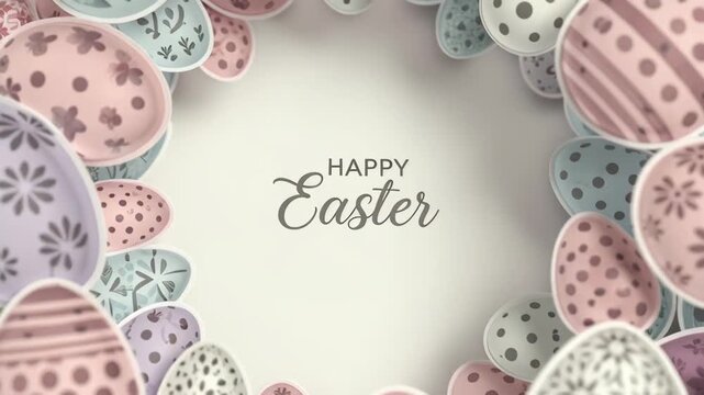 Pastel easter egg wreath with patterned decorative eggs arranged in a circular paper cut style. soft pink lilac and teal eggs surround a central "happy easter" greeting for spring celebration.