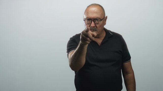 Man points finger to camera with hand near face and two fingers touching nose in studio; accusation confrontation.