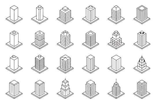 Set of isometric building line icons featuring various skyscraper shapes and architectural designs